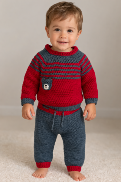 Baby boy and girl Handmade (Knitted) Woolen Sweater With pant, colour red and grey